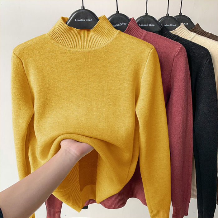 Fashionable Fleece Turtleneck Solid Color Knitted Casual Bottoming Sweater