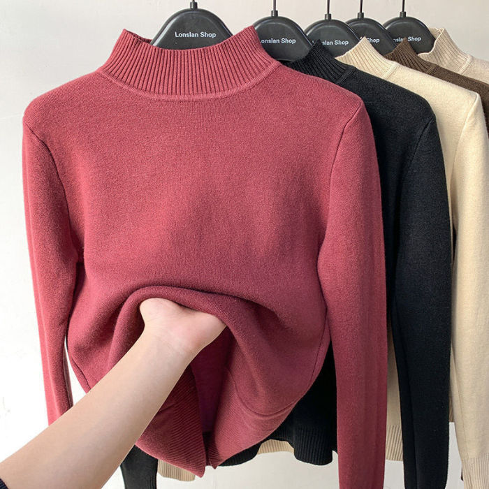 Fashionable Fleece Turtleneck Solid Color Knitted Casual Bottoming Sweater