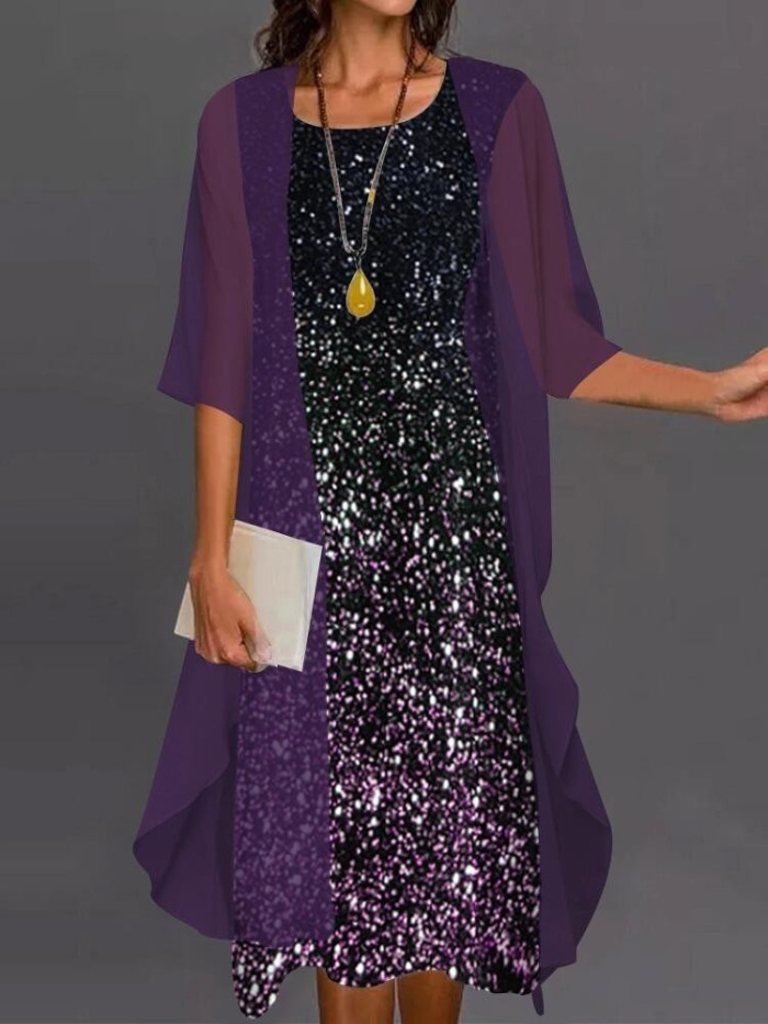Fashion Sleeveless O Neck Print Loose Party Cardigan Elegant Casual Two Piece  Midi Dress