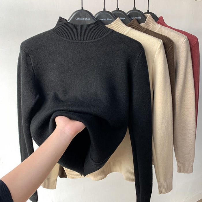 Fashionable Fleece Turtleneck Solid Color Knitted Casual Bottoming Sweater