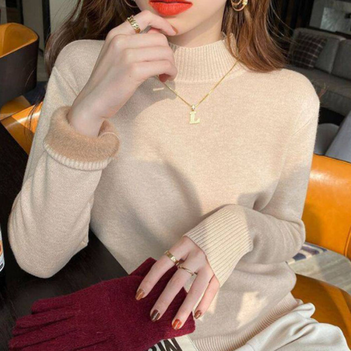 Fashionable Fleece Turtleneck Solid Color Knitted Casual Bottoming Sweater