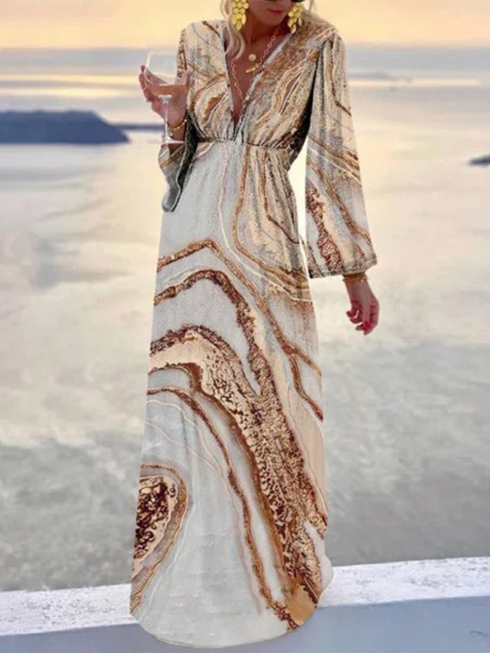 Trendy Marble Print Boho Long Sleeve V Neck High Waist Maxi Dress