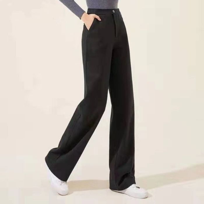 Herringbone Wool Fashion Solid High Waist Straight Wide Leg Pants