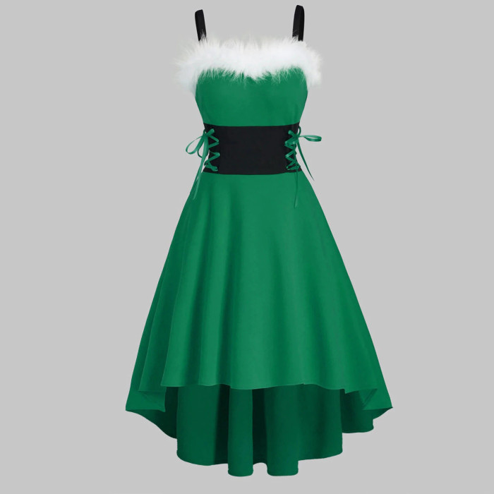 Christmas Fashion Long Sleeve Asymmetric Off Shoulder Bow Sling  Vintage Dress