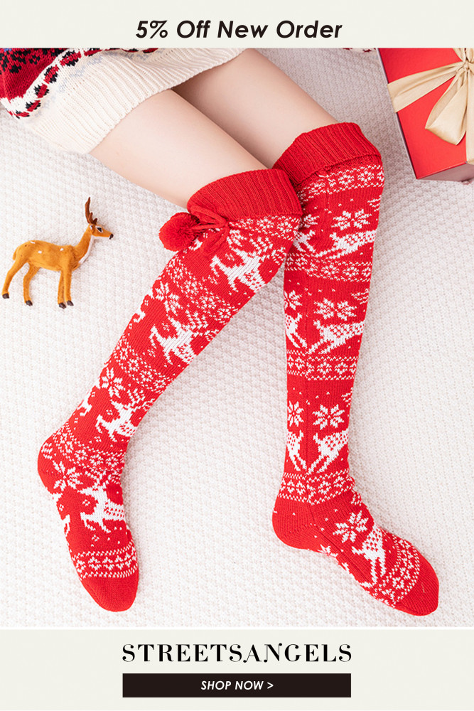 Red Christmas Cute Knitted Knee Tall Over Knee Stacked Socks