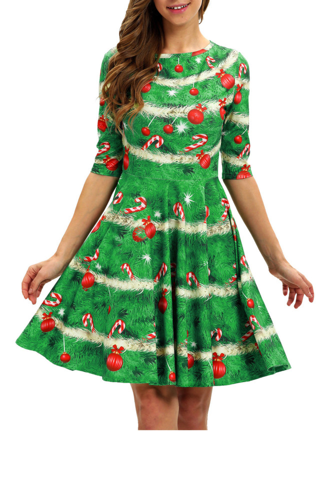 Christmas Fashion Half Sleeve Snowflake Print Vintage Elegant  Casual Dress