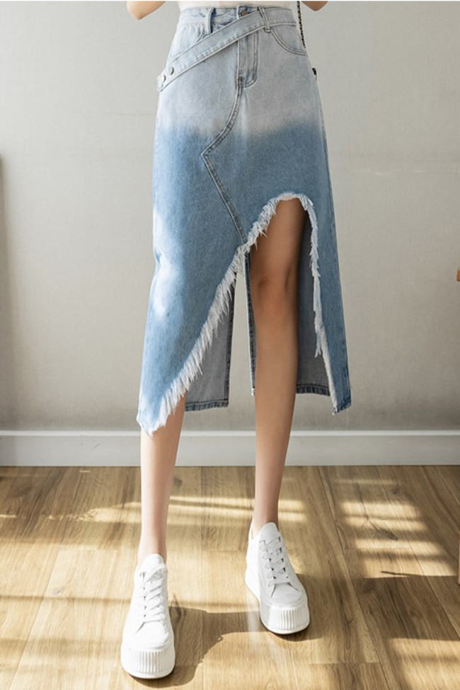 Fashion Chic Tassel Cowboy Denim High Street Irregular High Waist Straight Skirt