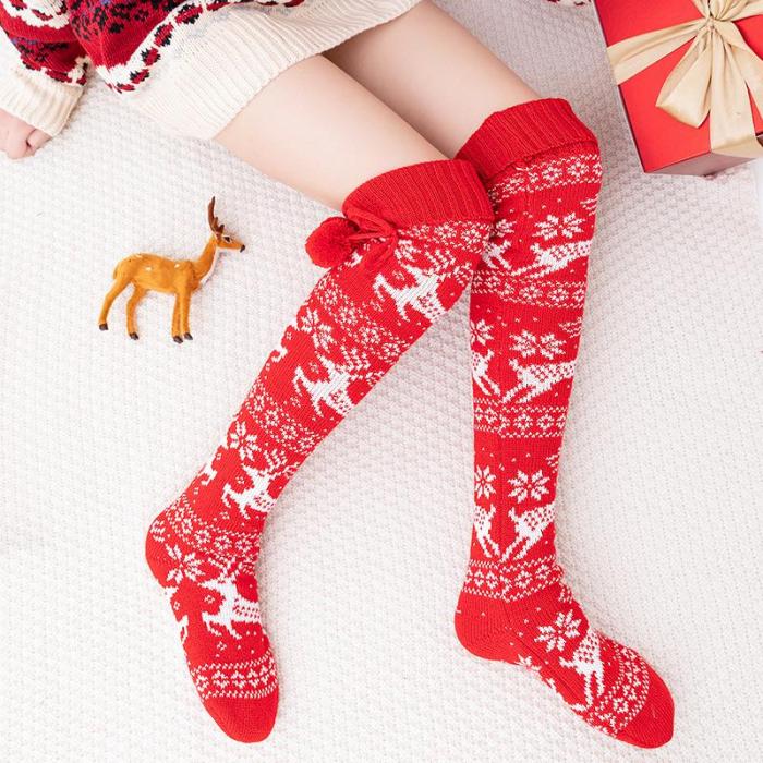 Red Christmas Cute Knitted Knee Tall Over Knee Stacked Socks