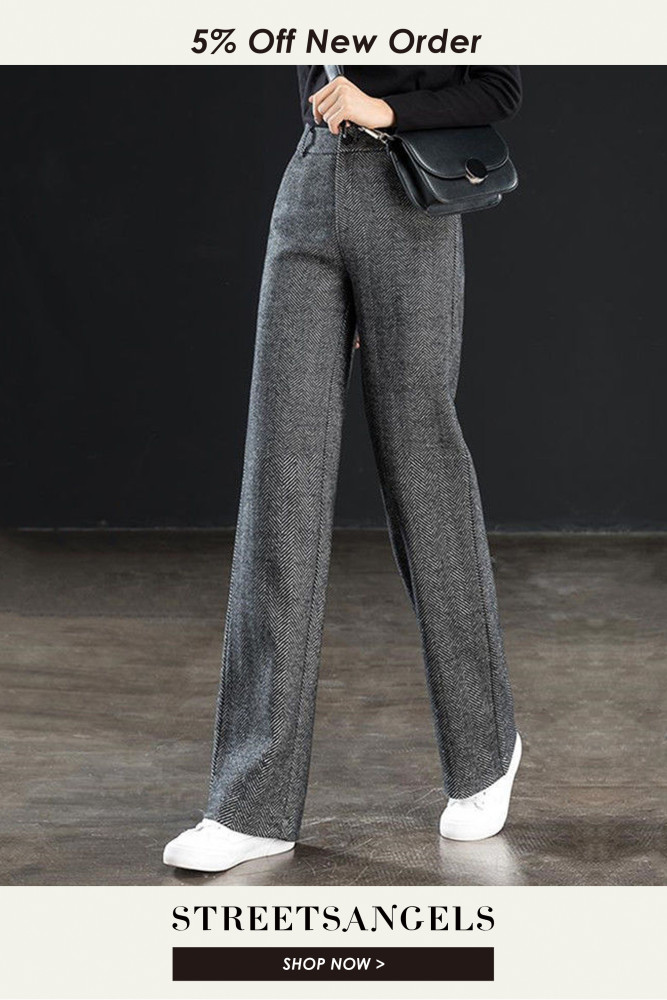 Herringbone Wool Fashion Solid High Waist Straight Wide Leg Pants