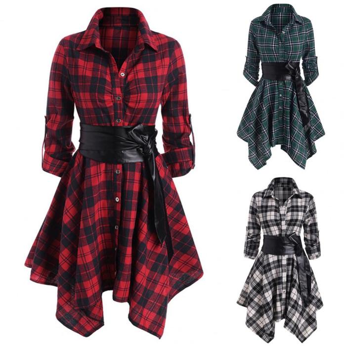 Pleated Fashion Vintage Check Office Long Sleeve Mini Dress