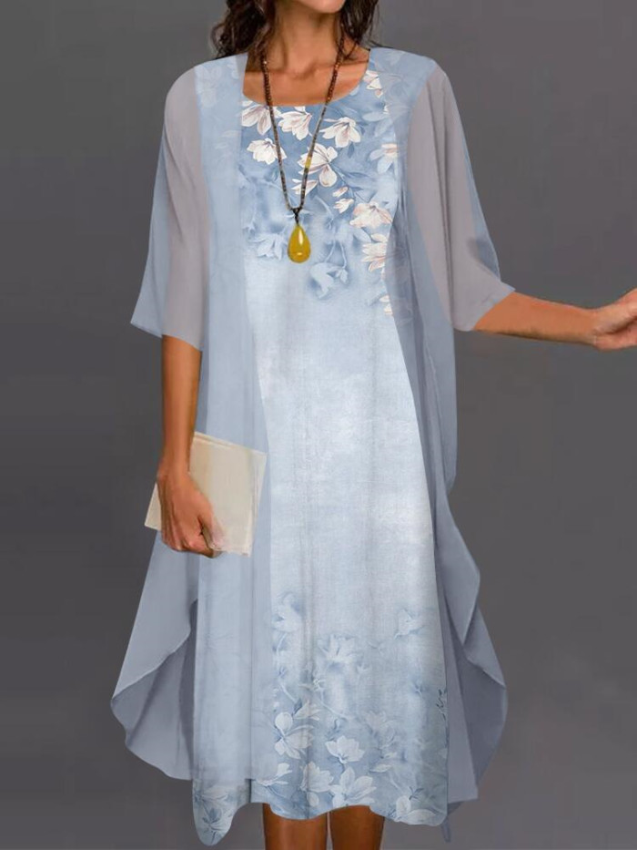 Fashion Sleeveless O Neck Print Loose Party Cardigan Elegant Casual Two Piece  Midi Dress