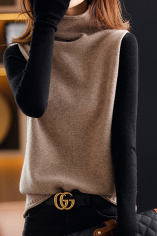 Fashion Solid Color Turtleneck Knit Sleeveless Pullover Loose Vest Top