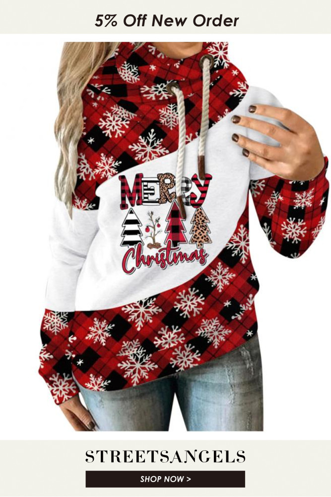 Fashion Christmas Loose Printed Casual Fleece Hooded Casual Sweatshirt