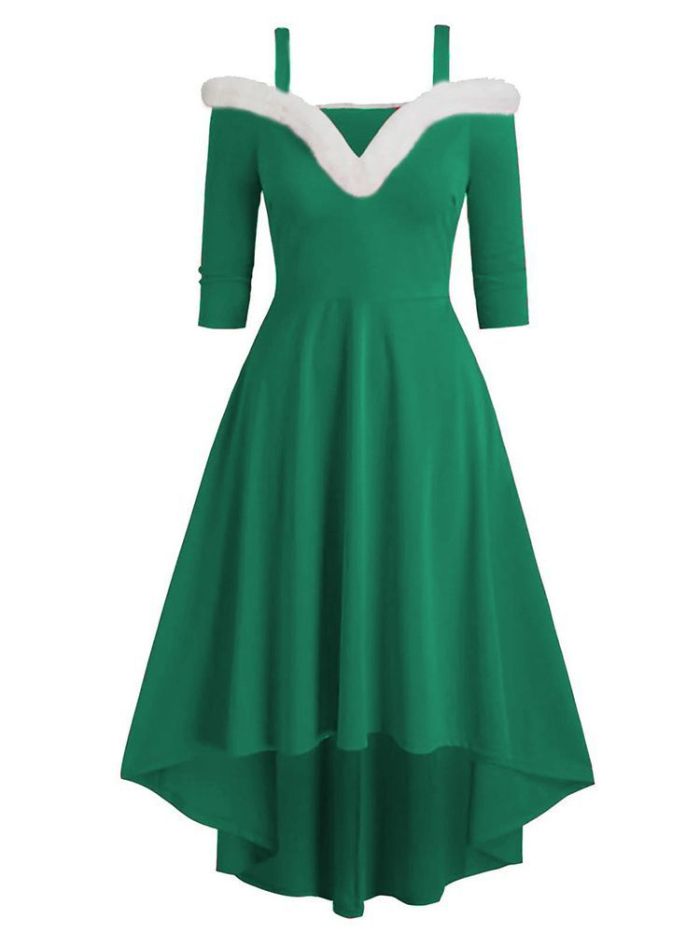 Christmas Print Fashion Solid Color Plush Deep V Off Shoulder Swing  Midi Dress