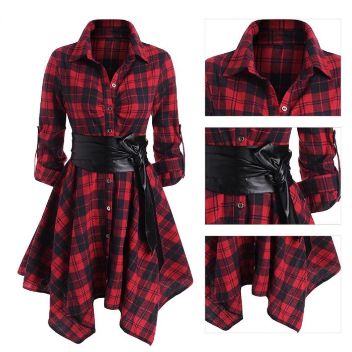 Pleated Fashion Vintage Check Office Long Sleeve Mini Dress