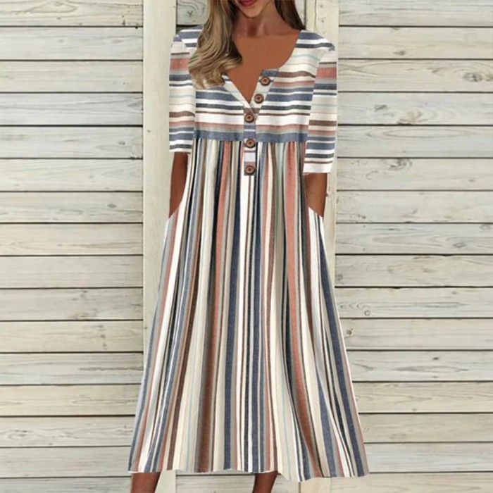 Fashion Irregular Stripe Print V-Neck  Midi Dress