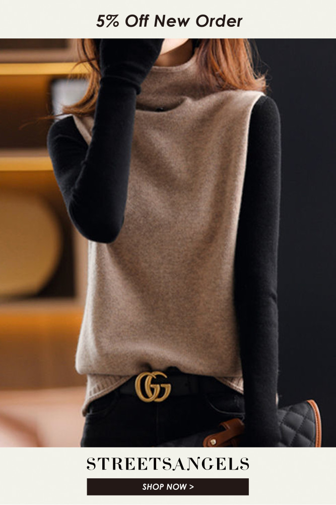 Fashion Solid Color Turtleneck Knit Sleeveless Pullover Loose Vest Top