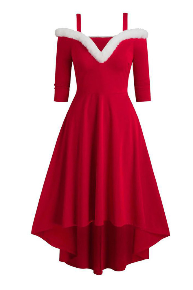 Christmas Print Fashion Solid Color Plush Deep V Off Shoulder Swing  Midi Dress