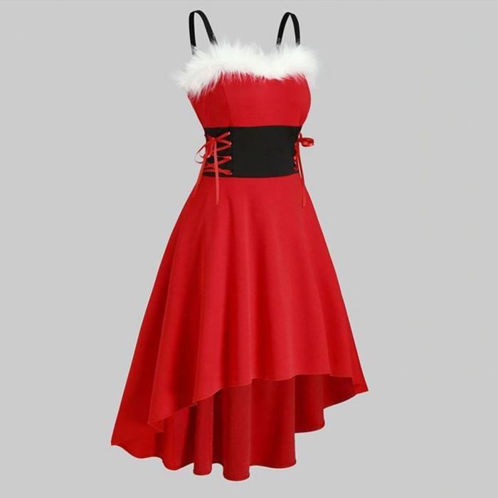 Christmas Fashion Long Sleeve Asymmetric Off Shoulder Bow Sling  Vintage Dress