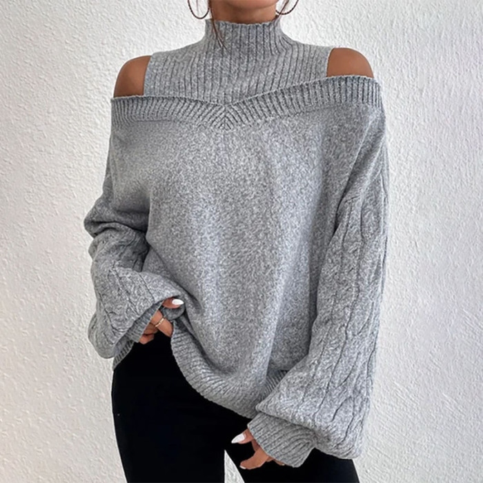 Fashion Solid Color Loose Drop Shoulder Half Turtleneck Lantern Sleeve Sweater