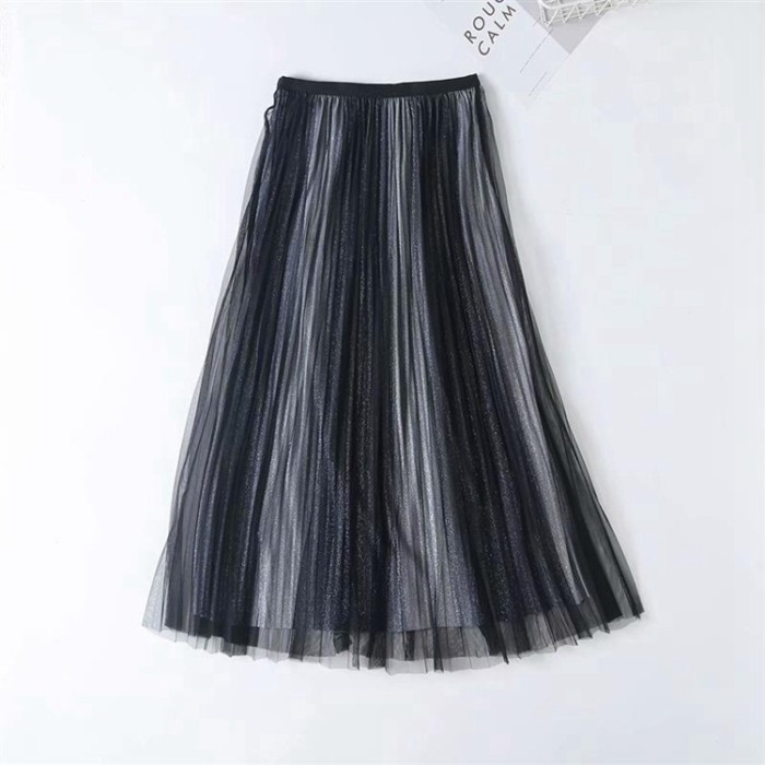 Women's New Elasticated High-rise Gradient Mesh Shows Slim Pleated Skirts