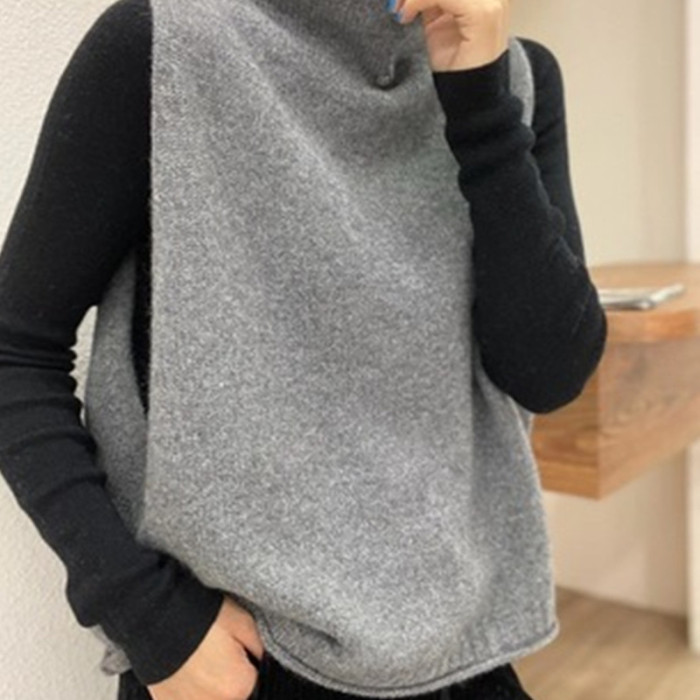 Fashion Solid Color Turtleneck Knit Sleeveless Pullover Loose Vest Top