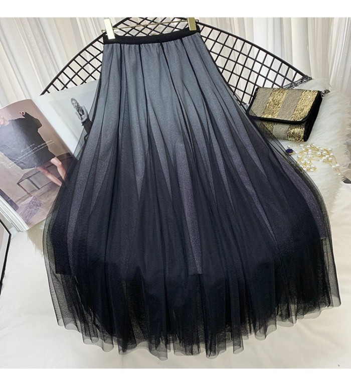Elegant Drape Gradient Sequined A-line Long Mesh Skirts