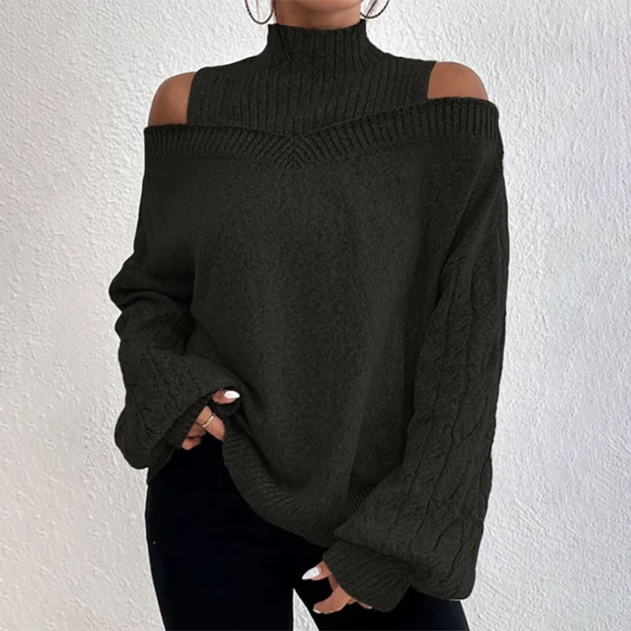 Fashion Solid Color Loose Drop Shoulder Half Turtleneck Lantern Sleeve Sweater