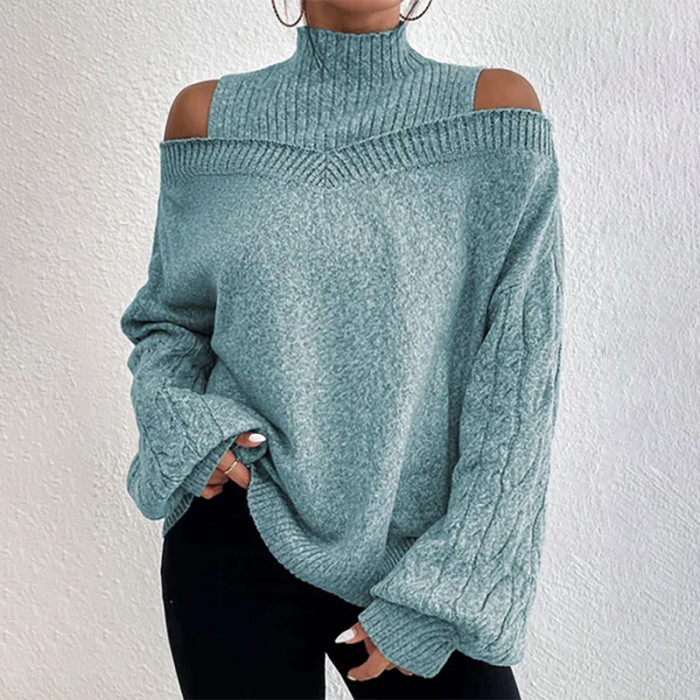 Fashion Solid Color Loose Drop Shoulder Half Turtleneck Lantern Sleeve Sweater