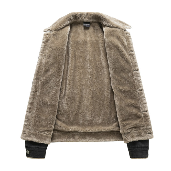 Fleece Thickened Men's Casual Lapel Cotton Wool Collar Warm Denim Jacket Coat