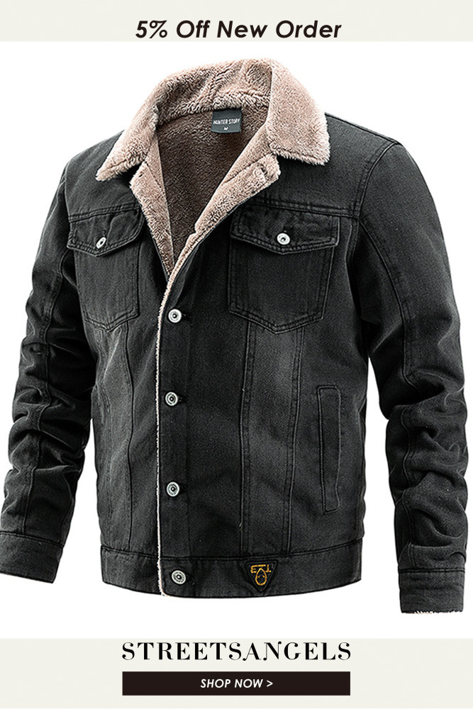 Fleece Thickened Men's Casual Lapel Cotton Wool Collar Warm Denim Jacket Coat