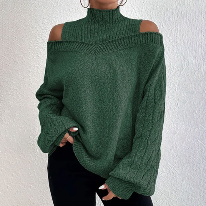 Fashion Solid Color Loose Drop Shoulder Half Turtleneck Lantern Sleeve Sweater
