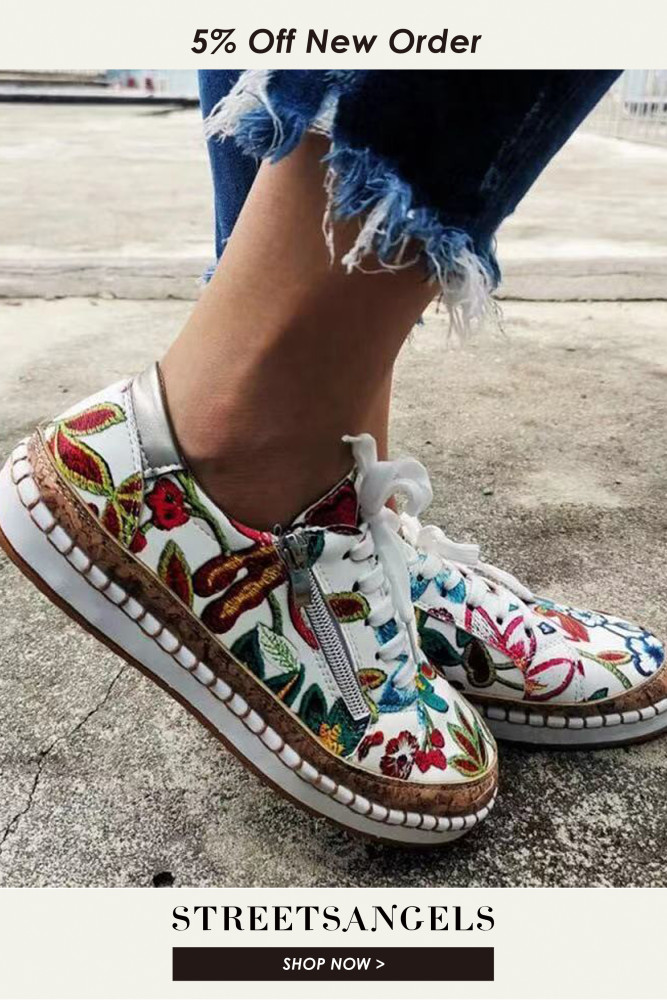 Vintage Floral Zipper Leather Casual Fashion Embroidered Ethnic Flats