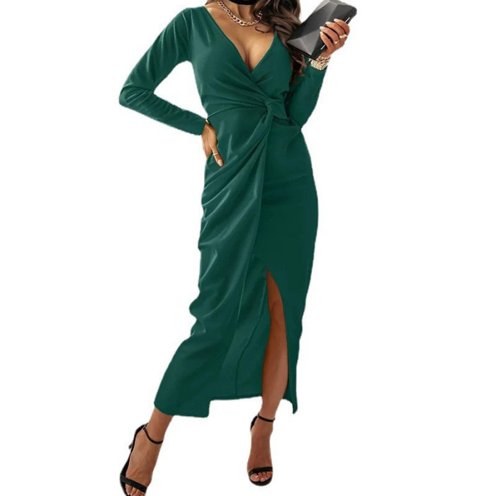 Fashion Split Sexy V-Neck Solid Color Irregular  Midi Dress