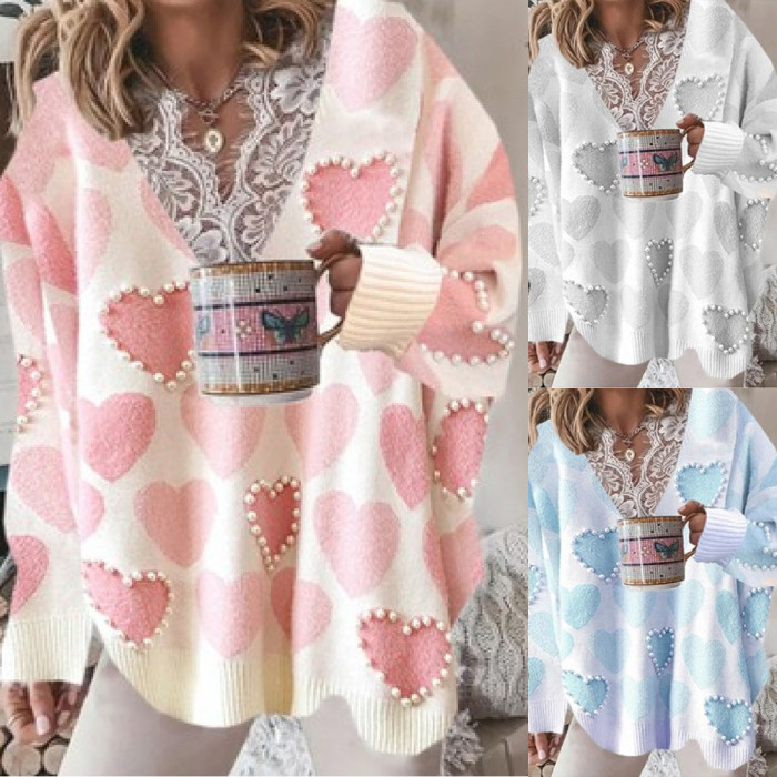 Fashion Lace V Neck Patchwork Heart Print Knit Jumper Long Sleeve Loose Sweaters