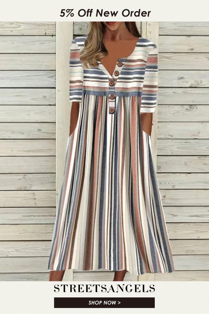 Fashion Irregular Stripe Print V-Neck  Midi Dress