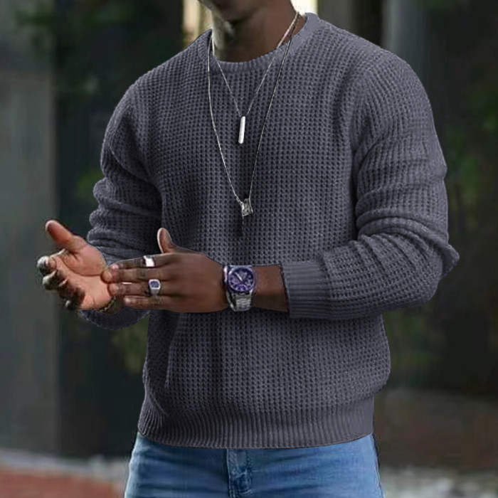 Men's Fashion Solid Color Commuter Versatile Long Sleeve Crewneck Sweater