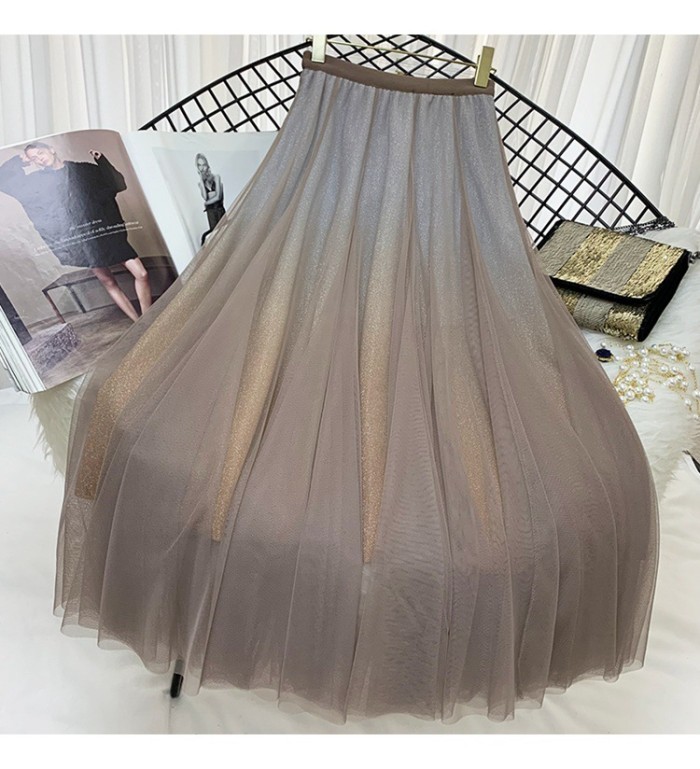 Elegant Drape Gradient Sequined A-line Long Mesh Skirts