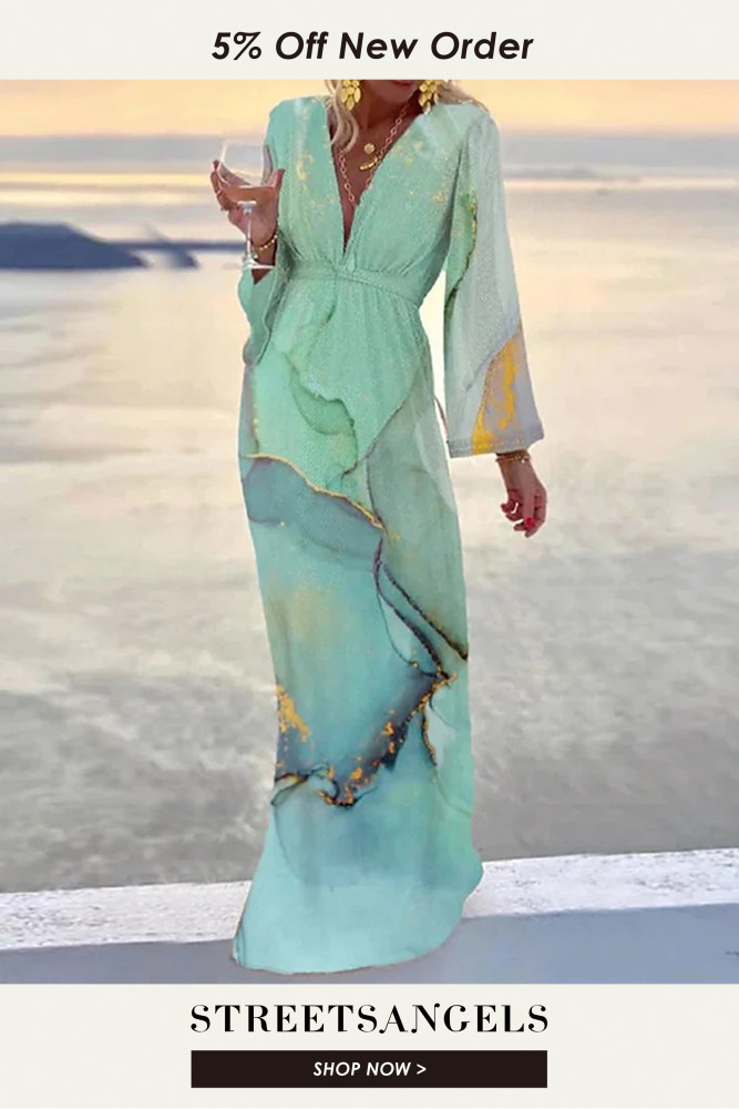 Trendy Marble Print Boho Long Sleeve V Neck High Waist Maxi Dress
