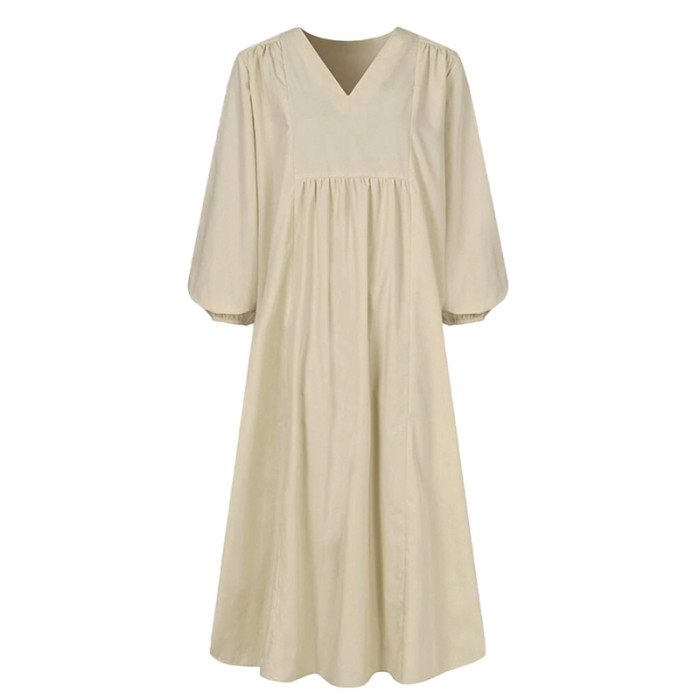 Elegant Casual Long Lantern Sleeve Loose Cotton Linen V-Neck Dresses