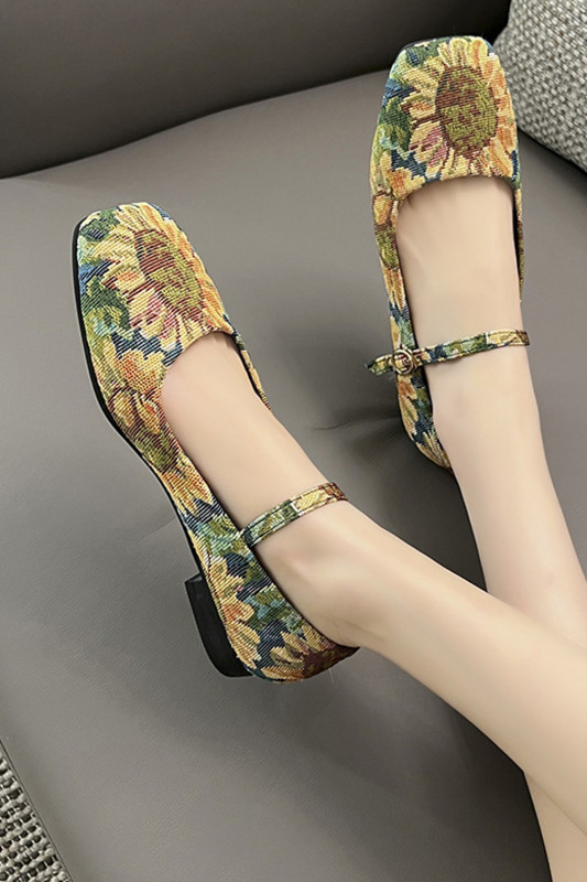 Fashion Vintage Flat Square Toe Print Lightweight Breathable Flat Shoes