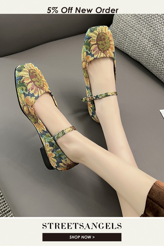 Fashion Vintage Flat Square Toe Print Lightweight Breathable Flat Shoes
