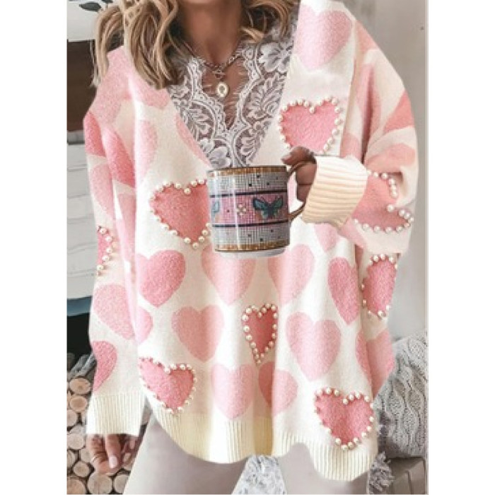 Fashion Lace V Neck Patchwork Heart Print Knit Jumper Long Sleeve Loose Sweaters