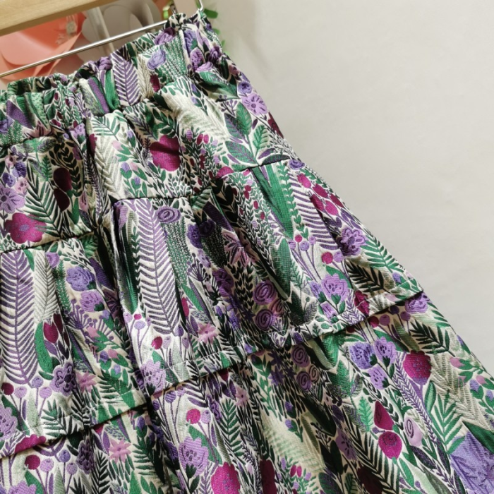 Casual Beach Boho Vintage Flower Print Puffy Elastic High Waist Skirt