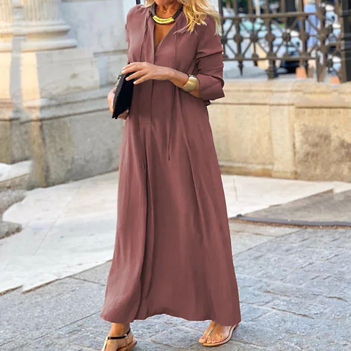 Fashion Solid Color Half Sleeve Vintage Print Women's V-Neck Casual  Maxi Dress
