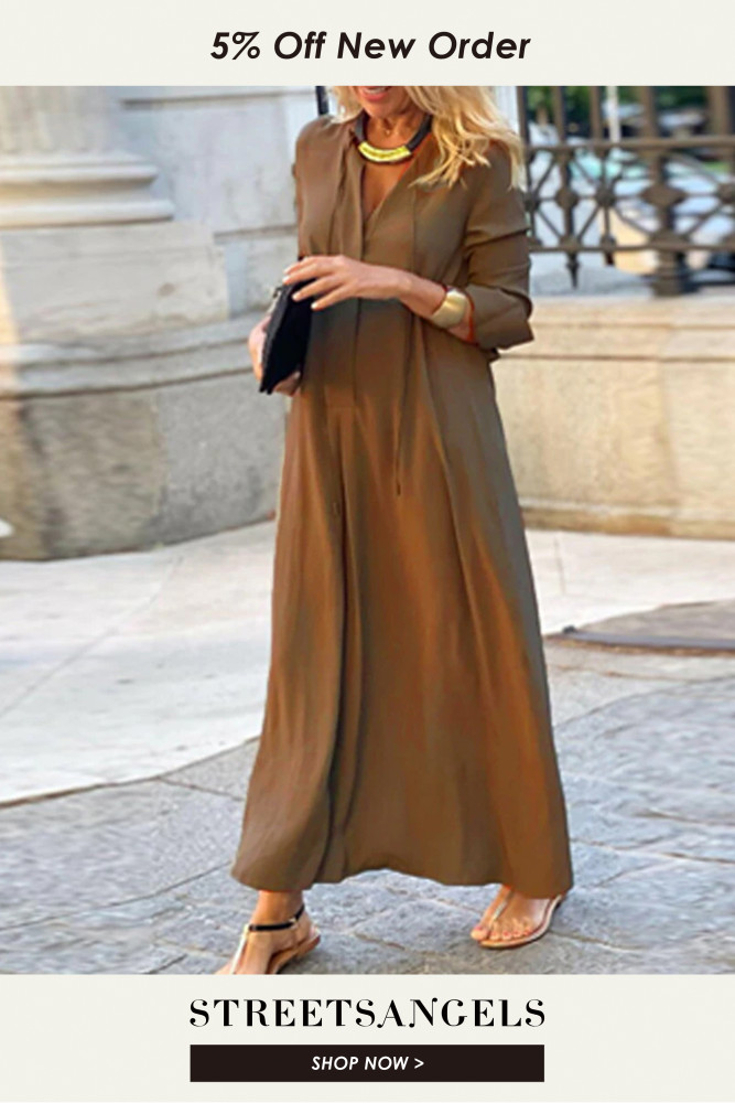 Fashion Solid Color Half Sleeve Vintage Print Women's V-Neck Casual  Maxi Dress