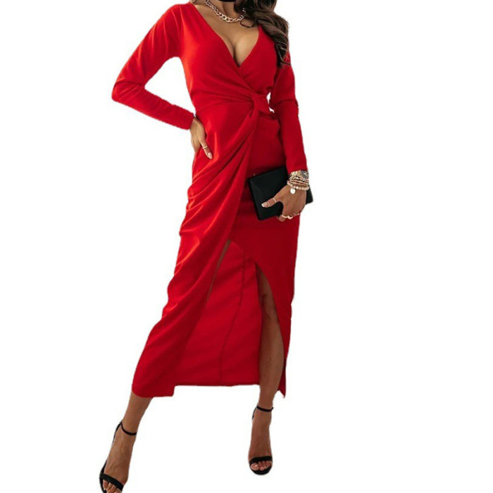 Fashion Split Sexy V-Neck Solid Color Irregular  Midi Dress