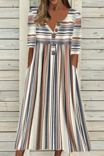 Fashion Irregular Stripe Print V-Neck  Midi Dress