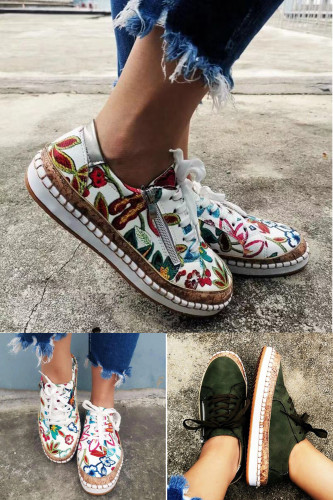 Vintage Floral Zipper Leather Casual Fashion Embroidered Ethnic Flats