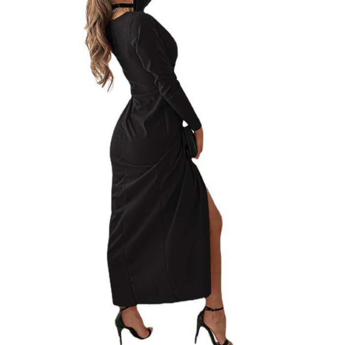 Fashion Split Sexy V-Neck Solid Color Irregular  Midi Dress